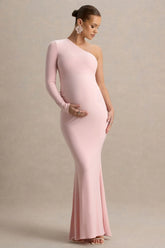 Heloise | Pink Asymmetric One-Sleeve Maternity Maxi Dress
