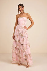 Niyati Blush Floral Strapless Tiered Maxi Dress