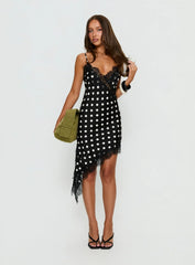 Afterdark Lace Asymmetrical Mini Dress Black Polka Dot
