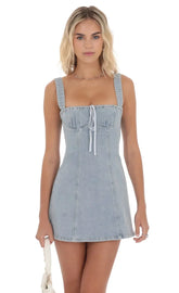 Denim Striped Bow Dress in Light Blue