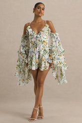 Anaya | White Botanical Print Chiffon Playsuit With Long Sleeves