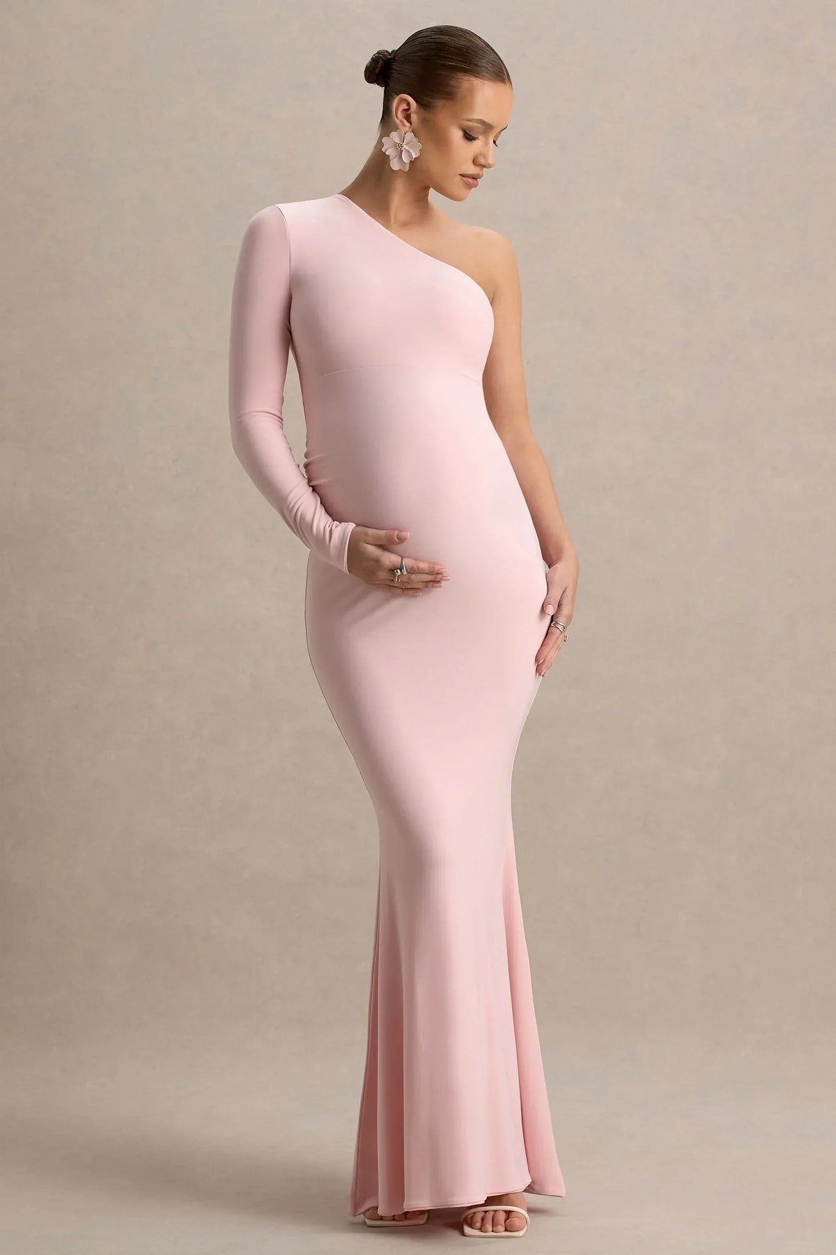Heloise | Pink Asymmetric One-Sleeve Maternity Maxi Dress