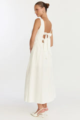 Casina Midi Dress - Boat Neck Tie Back Fit And Flare Dress in Off White