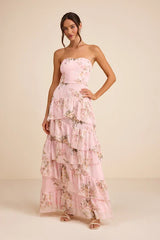Niyati Blush Floral Strapless Tiered Maxi Dress