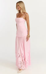 Everly Maxi Dress - Straight Neck Broderie Cut Out Hem Dress in Pink