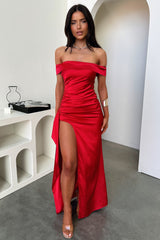 Saoirse Off Shoulder Satin Maxi Dress - Red