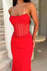 Aderyn Satin Corset Maxi Dress - Red