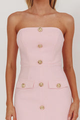 She Is Button Front Strapless Maxi Dress Pink