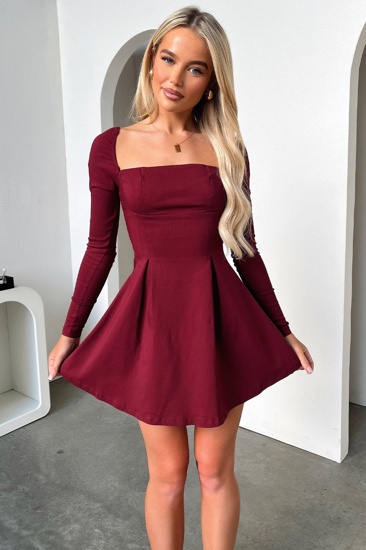Tabitha Long Sleeve Mini Dress - Burgundy